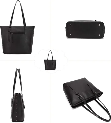 Vista 5 de KL928 Bolso de mano para mujer, bolso de mano de piel sintética, bolso de hombro grande, asa superior, monederos, juego de 2 piezas