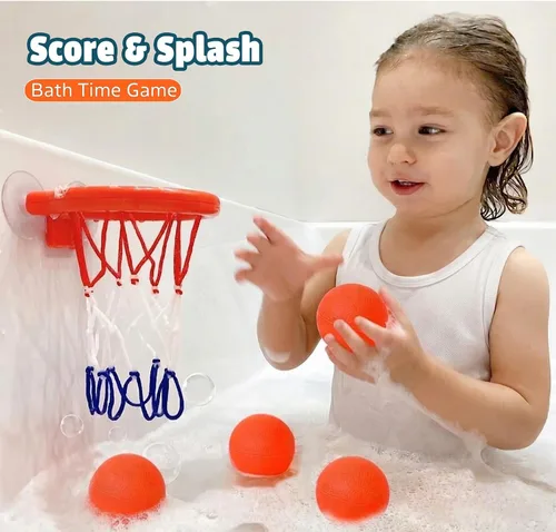 Vista 4 de Juguetes de baño – Aro de baloncesto para bañera para niños pequeños, niños y niñas 4 bolas sin agujero y ventosas fuertes Divertido juguete