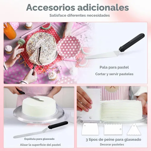 Vista 8 de Ohuhu Tocadiscos para tartas, aluminio de 12 pulgadas, kit de decoración de tartas, suministros giratorios, soporte giratorio con 2 espátulas de Rosa