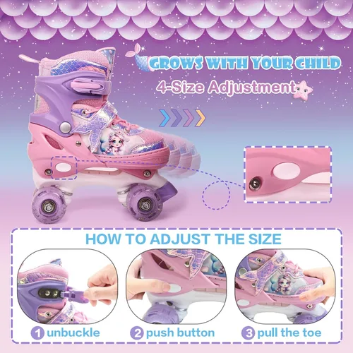 Vista 3 de Patines de sirena ajustables para niños y niñas con ruedas con luz LED, patines para interiores y exteriores para niños principiantes, juego