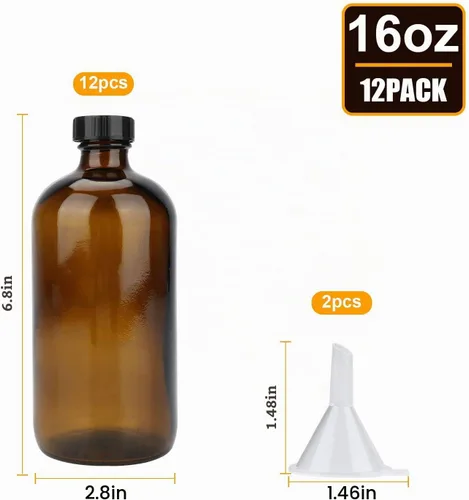 Vista 2 de Maredash Botellas de vidrio de 16 onzas, paquete de 12 botellas de almacenamiento de vidrio ámbar con tapas, botella de vidrio ámbar, botellas