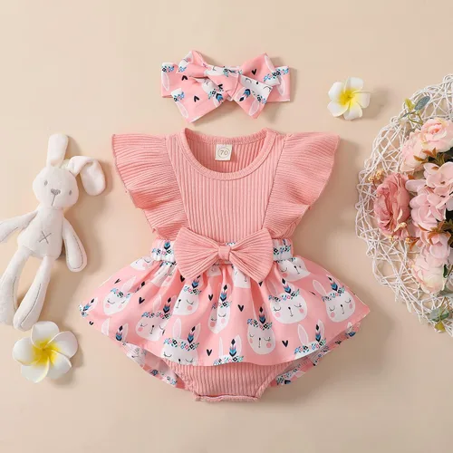 Vista 2 de Lindo mameluco para bebés y niñas con estampado de flores, encaje con volantes, lazo frontal, diadema
