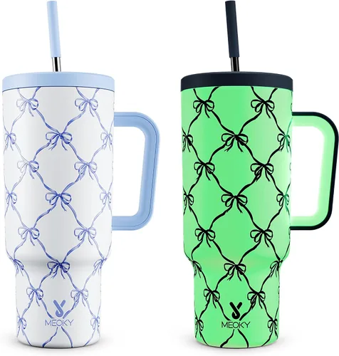 Vista 45 de Meoky - Vaso de 30 oz con asa, tapa y pajilla, taza de viaje térmica de acero inoxidable 100% a prueba de fugas, para portavasos, mantiene el frío