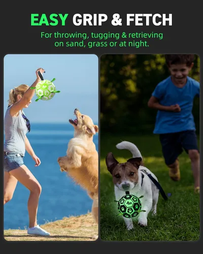 Vista 2 de QDAN Juguetes prémium para perros que brillan en la oscuridad, pelota de perro con correas, pelota de fútbol para perros, juguetes para perros al