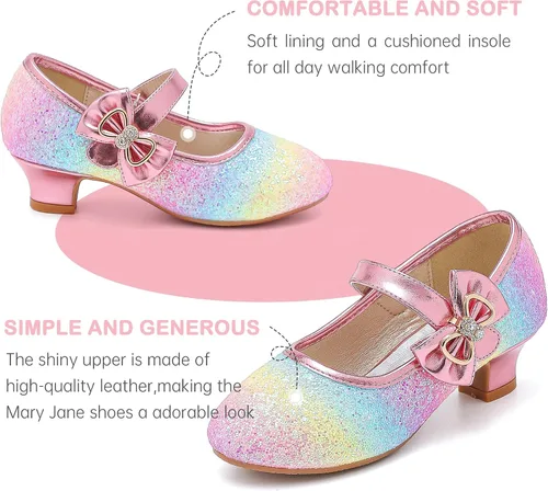 Vista 5 de Dufannie Zapatos de vestir para niñas, zapatos de tacón bajo de princesa, zapatos planos con purpurina para bodas y fiestas