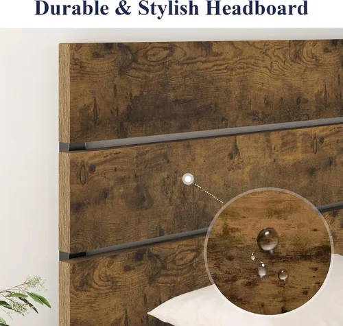 Vista 4 de Allewie Base de cama de plataforma de tamaño matrimonial con cabecero de madera y listones de metal, base de colchón de estilo rústico rústico