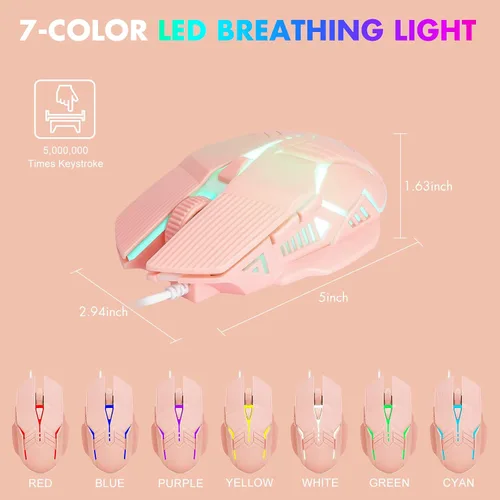 Vista 5 de CHONCHOW - Teclado y mouse para juegos rosa con retroiluminación blanca, teclado CHONCHOW USB con cable de 87 teclas para juegos mini y mouse