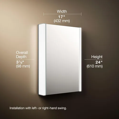 Vista 3 de Kohler K-81144-SLE-DA1 Maxstow Botiquín con luz LED, puerta de espejo y estantes escalonados, marco rectangular, 17" x 24