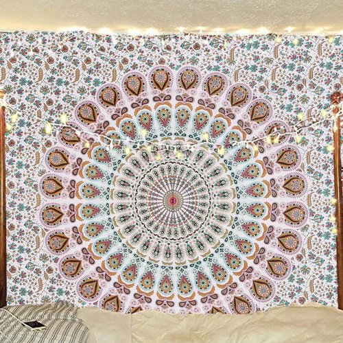 Vista 15 de Tapiz hippie indio bohemio psicodélico dorado azul pavo real mandala colgante en la pared (negro blanco, Queen (84 x 90 pulgadas) (84.6 x 90.6 in)