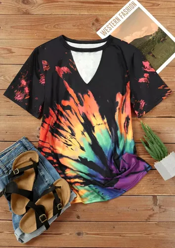 Vista 2 de Camisetas sexys con cuello en V para mujer, blusa ahuecada de teñido anudado, blusa de verano, holgada, casual, camiseta gráfica de música country