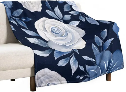 Vista 26 de Manta de flores de acuarela azul marino, bohemias, manta de acuarela floral con coronas de rosas y hojas de peonías, lujosa, cálida y acogedora
