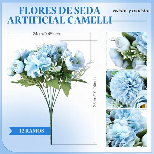 Vista 2 de Tigeen - 12 paquetes de flores artificiales de peonías, rosas sintéticas Azul
