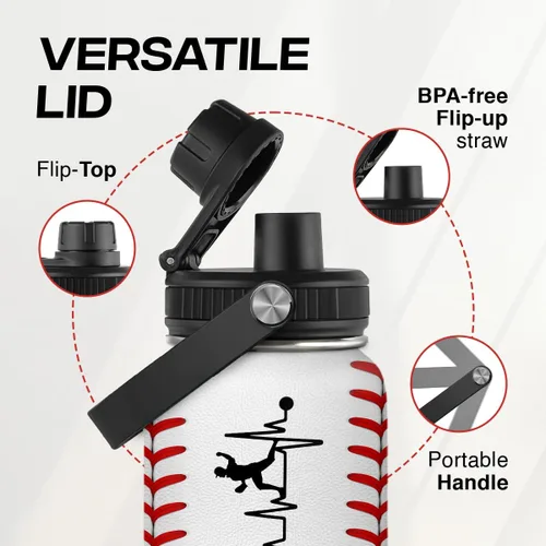 Vista 4 de Botella de agua de béisbol de 32 onzas con aislamiento de acero inoxidable para hombres, mujeres, amantes de los deportes, regalos de béisbol