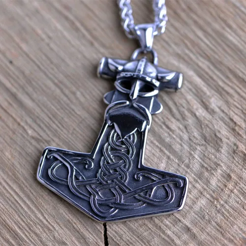 Vista 5 de LANGHONG Collar de martillo de Thor vikingo nórdico Mjolnir para hombre, joyería de talismán
