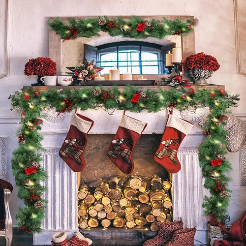Vista 5 de MorTime Paquete de 2 guirnaldas LED de Navidad de 9 pies con piñas y bayas rojas, bolas de Navidad, guirnalda de Navidad multifunción con 50 luces