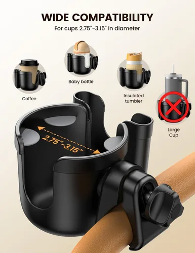Vista 3 de Portavasos para cochecito con soporte para teléfono - [Agarres antideslizantes mejorados] [2 en 1] Soporte para tazas para andador, silla de ruedas