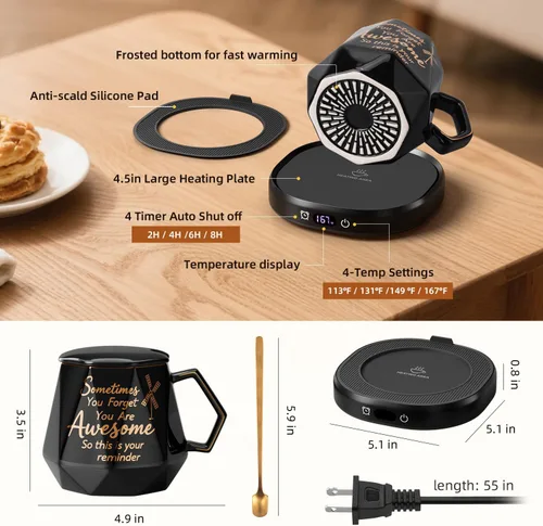 Vista 8 de You're Awesome Juego de Calentador de Tazas de Café, Calentador de Tazas de Café Eléctrico Inteligente para Escritorio de Oficina, 4 Ajustes