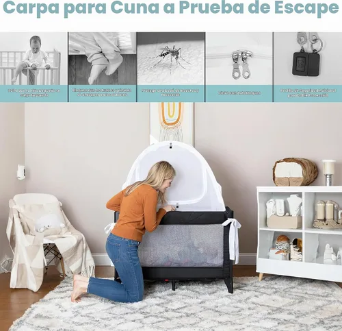 Vista 2 de Tienda para Mini Cuna y Corral, Toldo de Malla para Evitar que el Bebé se Salga, Malla Transpirable con Cremallera de Cierre Automático y Pestillo