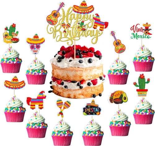 Vista 9 de Paquete de 40 adornos para cupcakes de fiesta de cactus, burro, maraca, sombrero, pimienta, guitarra, magdalenas, para fiesta mexicana, baby shower