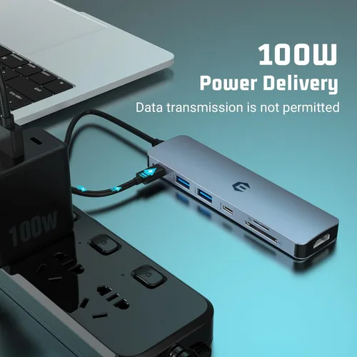 Vista 4 de Hub USB C, adaptador de concentrador oditton 7 en 1, salida HDMI, entrega de energía de 100 W, USB C 3.0, puertos USB 3.0 duales, lector de tarjetas