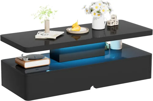 Vista 8 de oneinmil Mesa de centro LED moderna, mesas de sala de estar de 40 pulgadas con luces LED de 16 colores, diseño de doble capa, elegantes mesas