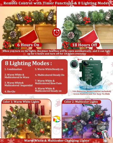 Vista 2 de Control remoto – Guirnalda de Navidad preiluminada de 18 pies de largo para exteriores, 100 luces blancas cálidas y coloridas, temporizador, 12