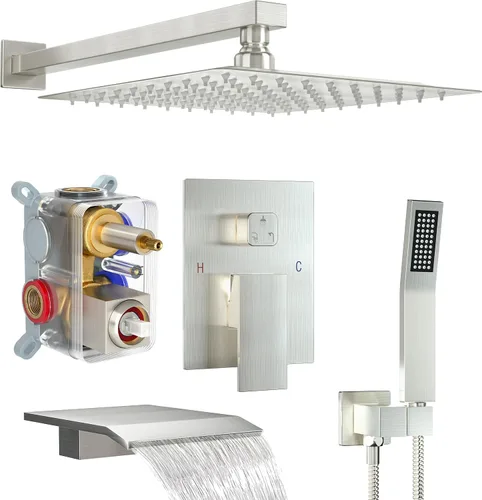 Vista 12 de Sistema de ducha dorado cepillado con cabezal de ducha de lluvia de 10 pulgadas y boquilla de bañera cUPC-certified pressure balance brass valve