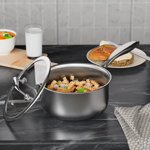 Vista 6 de COOKER KING Cacerola de acero inoxidable de 1.5 cuartos de galón, sartén antiadherente, olla de cerámica con tapa de vidrio templado, olla