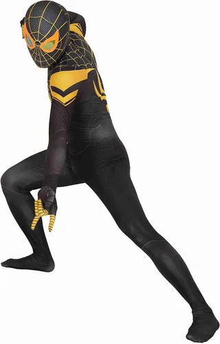 Vista 5 de GFSW Disfraz de superhéroe de Miles Morales para Halloween y cosplay, enterizo de elastano para adultos y niños, Dorado, Negro, Adult-L