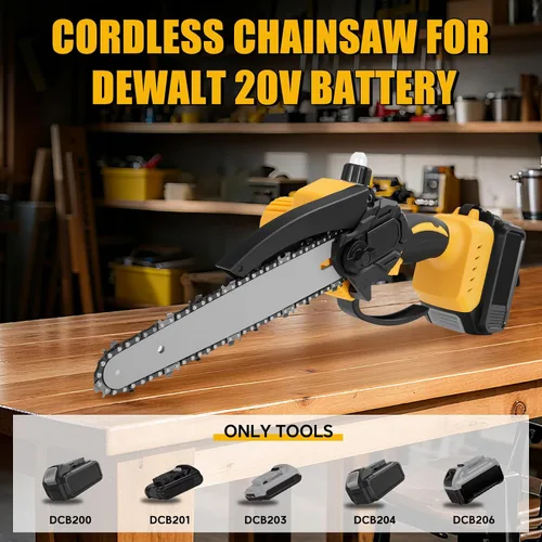 Vista 2 de Motosierra inalámbrica para batería Dewalt de 20 V, mini motosierra sin escobillas con bloqueo de seguridad, sierra de cadena de 8 pulgadas