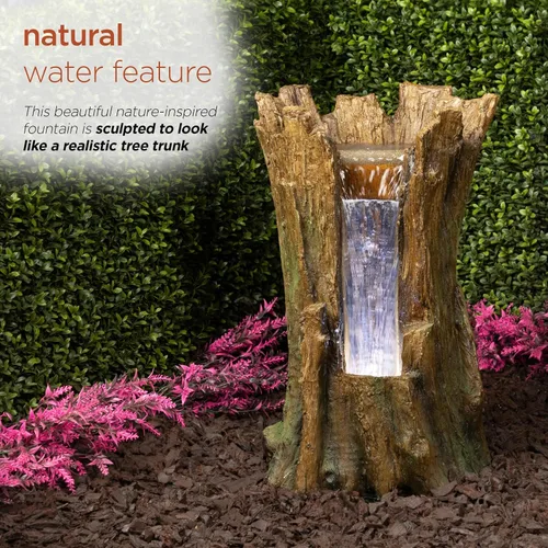 Vista 4 de Alpine Corporation TZL294 Fuente de piso para tronco de árbol al aire libre con luces LED blancas frías, decoración de jardín escalonada, 22