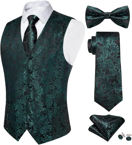 Vista 22 de DiBanGu Conjunto de 5 chalecos de seda con corbata y corbatín para hombre Paisley oro negro