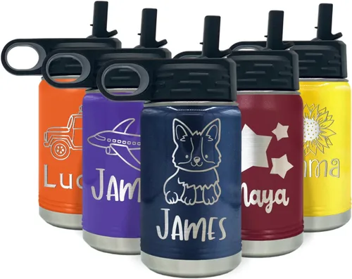 Vista 50 de Botella de agua para niños personalizada con nombre en botella de agua aislada con anillo verde mate de 12 onzas