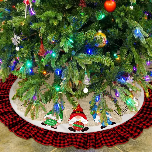 Vista 7 de Falda de árbol de Navidad, arpillera de lino, decoración de borde a cuadros, faldas de árbol a cuadros negros y rojos para interiores y exteriores