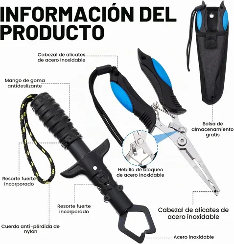 Vista 3 de RoundFunny Kit de herramientas de pesca de 10 piezas, alicates de pesca con cordón y fundas protectoras, salabre, cuchillo de filete, balanza