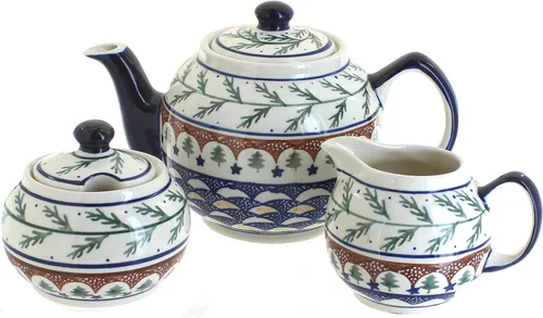 Vista 8 de Juego de té pequeño de tres piezas de pavo real de cerámica polaca de rosa azul