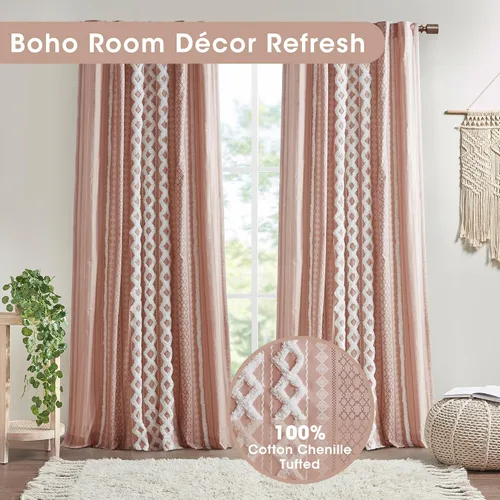 Vista 2 de INK+IVY Cortinas Boho para Dormitorio PANEL ÚNICO Cortinas de Ventana para Sala de Estar, 100% Algodón con Rayas de Chenilla Copetuda Estilo Granja