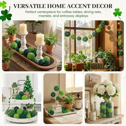 Vista 5 de FUTUREPLUSX 42 bolas de mimbre de ratán, bolas decorativas verdes, orbes y jarrones, rellenos de cuencos para primavera, día de San Patricio
