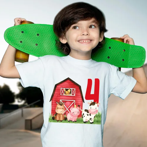 Vista 4 de Barnyard - Camisa de cuarto cumpleaños de animales de granja, camisa de cumpleaños de 4 años, camisa de cumpleaños de granja para fiesta