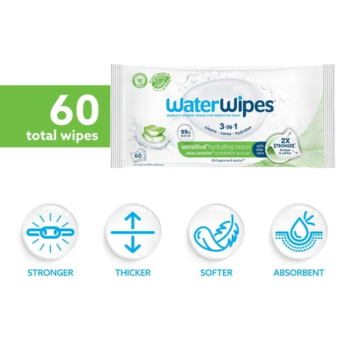 Vista 2 de WaterWipes Toallitas Sensibles+ Impulso Hidratante, 3-En-1 Limpia, Cuida, Hidrata, 99% de Agua con Aloe Vera, Toallitas para Bebé Sin Perfume