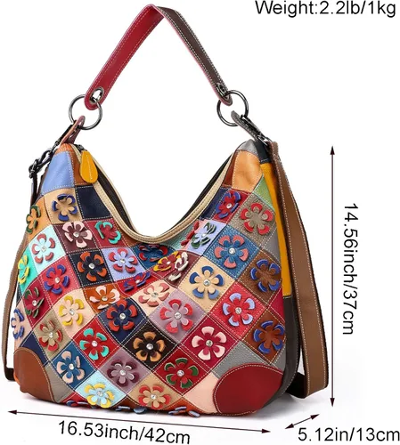 Vista 2 de Bolso de hombro de piel auténtica multicolor floral para mujer