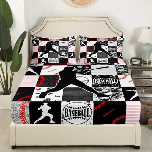 Vista 2 de Erosebridal Sábana bajera ajustable de béisbol, sábanas deportivas de sóftbol 3D para niños, juego de cama de retazos geométricos deportivos