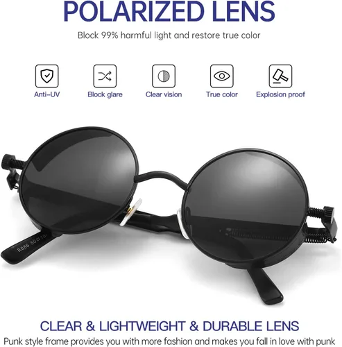 Vista 2 de Gafas de sol polarizadas Steampunk para hombres, estilo gótico redondo, marco circular de metal