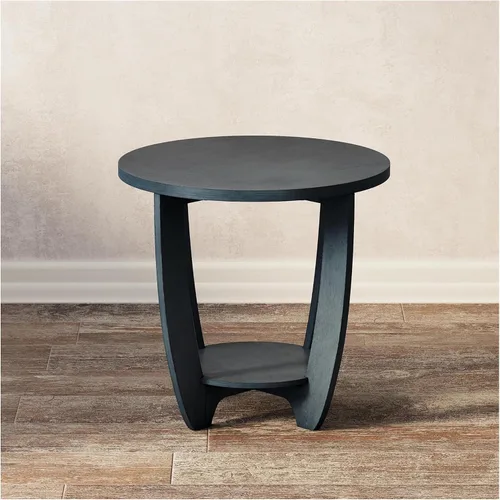 Vista 2 de COZAYH Mesa auxiliar rústica de granja con estante de almacenamiento, mesa lateral redonda moderna de estilo campestre francés para espacios Azul