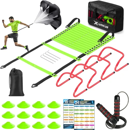 Vista 13 de X-UMEUS Agility Ladder Speed Training Equipment Set-20ft Agility Ladder,12 Soccer Cones,4 Hurdles, Jump Rope, Running Parachute Basketball Football