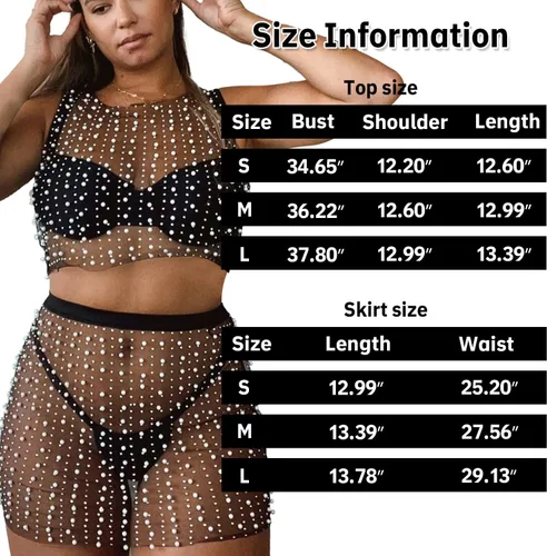 Vista 7 de Ypser Perla malla Rhinestone cubrir a través de verano playa mini vestido dos piezas perla vestido transparente
