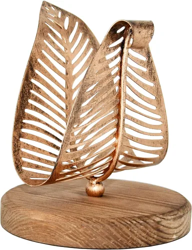Vista 9 de OwlGift Servilletero moderno independiente con hoja de metal de bronce y diseño de base de madera marrón, dispensador de pañuelos de mesa