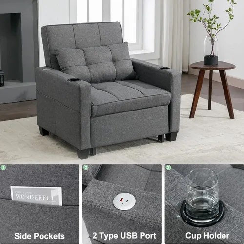 Vista 3 de Silla cama cama convertible ajustable con almohada, silla extraíble con puertos USB, antiarañazos, para sala de estar, dormitorio, apartamento, Lino