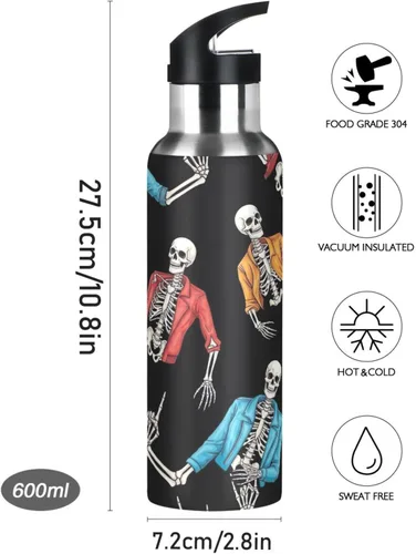 Vista 9 de BPA-Free Sport Water Bottle 32 Oz, Stainless Steel Water Bottle for Gym Outdoor Travel School, Human Skeletons Rock Roll Gesture