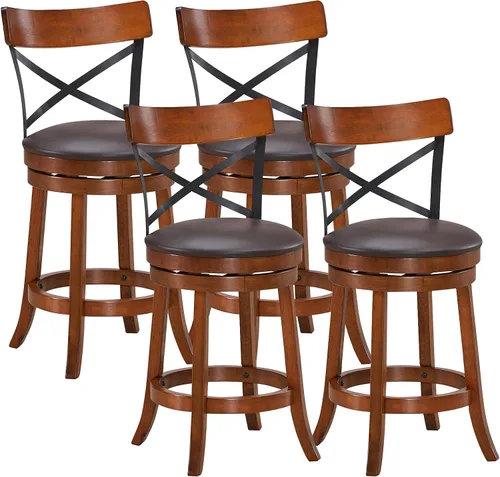Vista 11 de COSTWAY Juego de 2 taburetes de bar giratorios de madera maciza de 360 grados con cojín suave y respaldo, taburetes de bar de cocina de 25 pulgadas